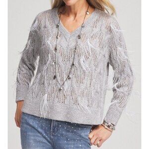 New Chico's Gray Wool blend Sequins Feather Pullover Sweater Top